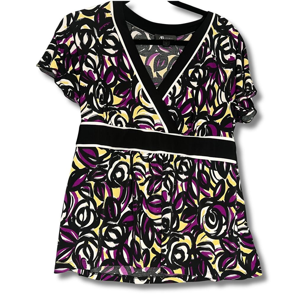 VTG Y2K Abstract Floral Empire Waist Blouse XXL (19) Wrap V-Neck Top